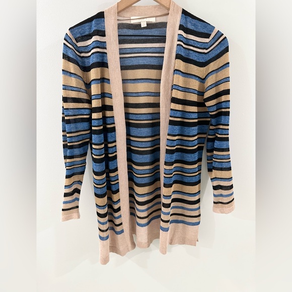 Loft Italian Yarn Open Front Cardigan Tan & Blue Stripe Size Small - Picture 3 of 5